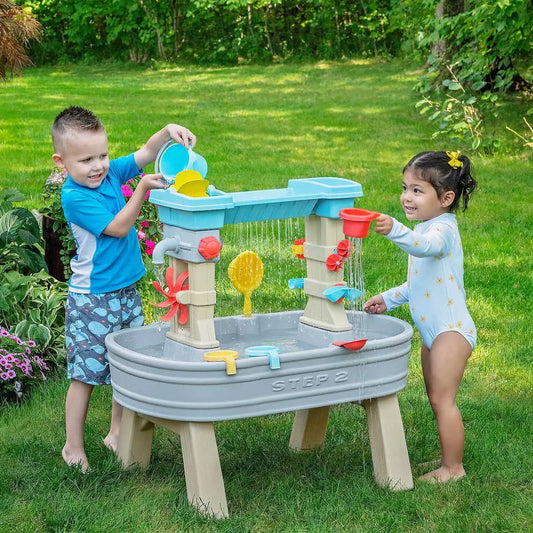 The outdoor children's water table 360-degree play area is suitable for multiple young children to explore together