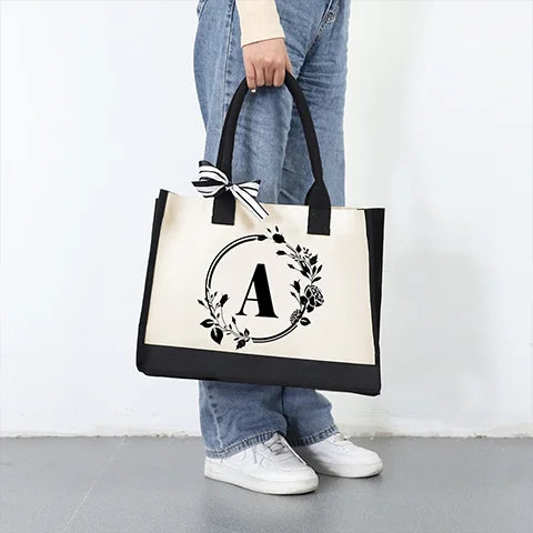 DIY Letter Canvas Bag Women Hit Color Simple Shoulder Shopping Tote Handbag